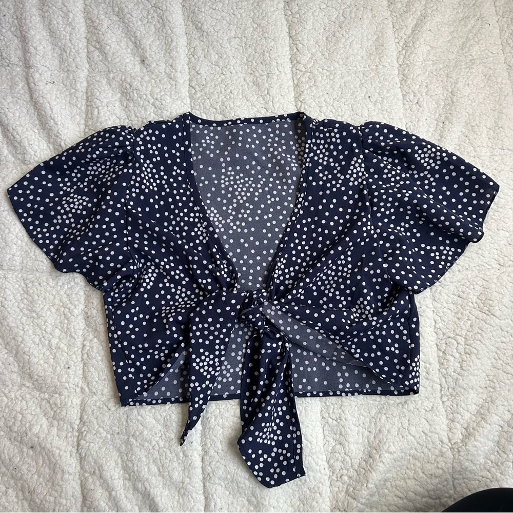 SHEIN Blue Puff Sleeve Tie-Front Crop Blouse